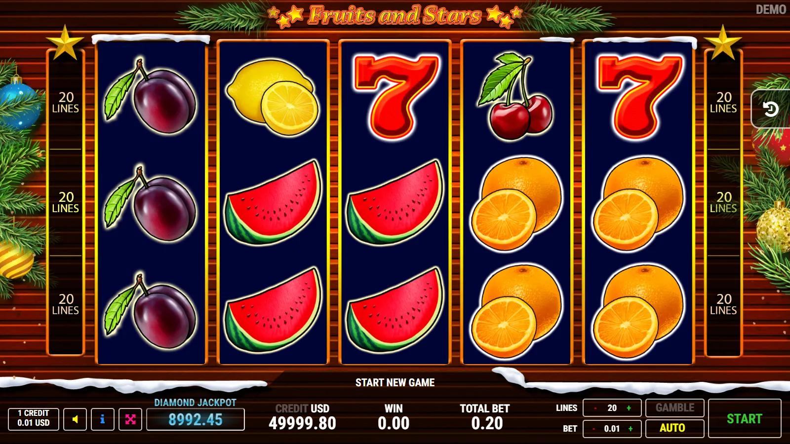 Fruits and Stars Christmas slot gameplay showing 5x3 fruit grid with red 7 wild, gold star scatter and watermelon