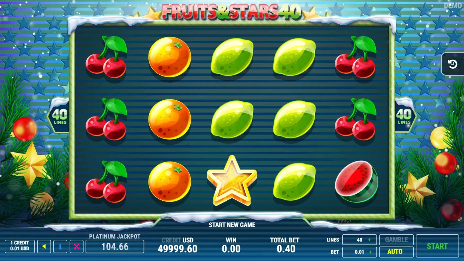 Fruits & Stars 40 Christmas slot gameplay showing 5x3 cartoon-fruit grid with red 7 wild, gold star scatter and 40 lines