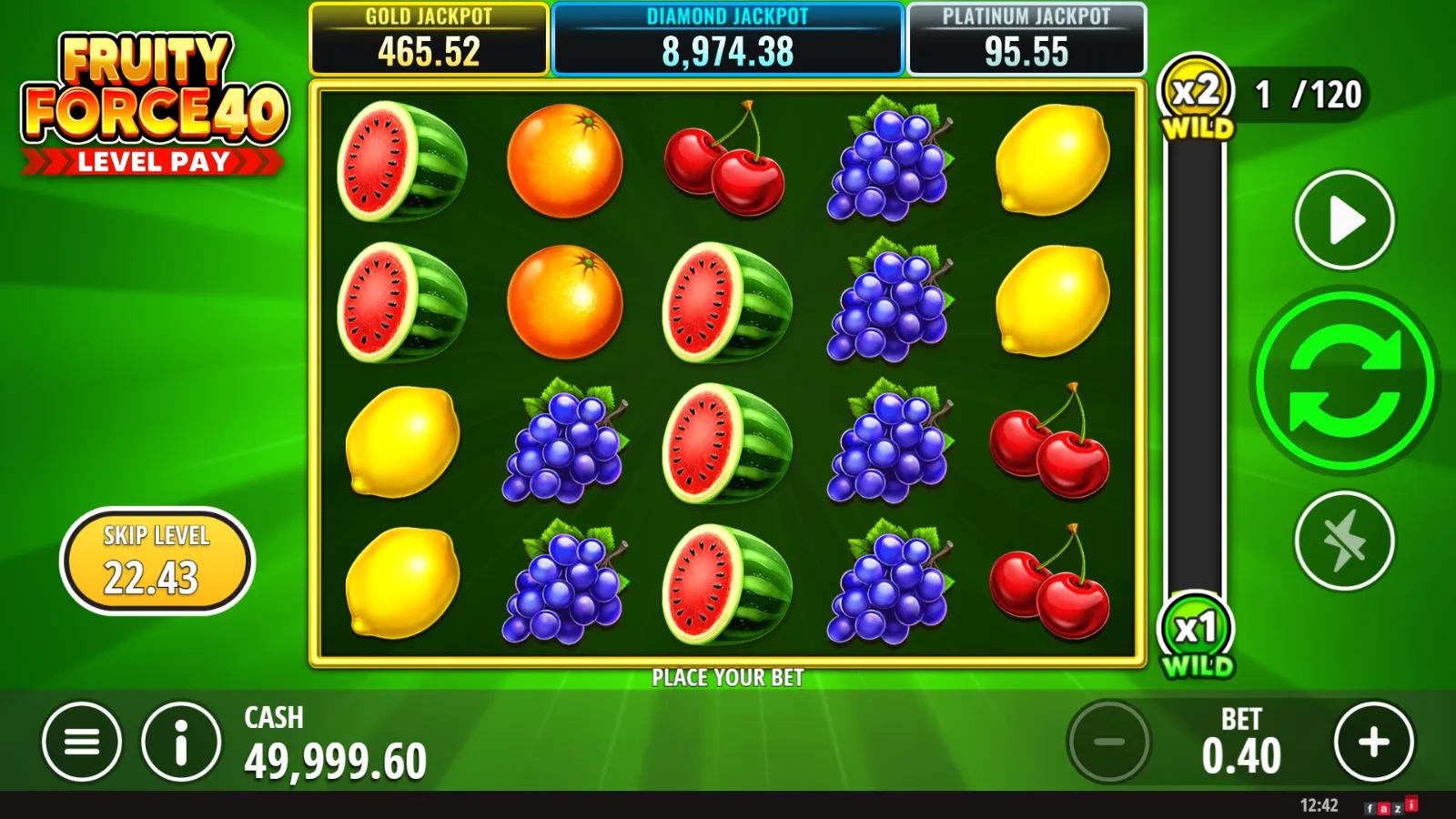 Fruity Force 40 slot gameplay showing 5x4 fruit grid with Level Pay multiplier bar, sevens and bells