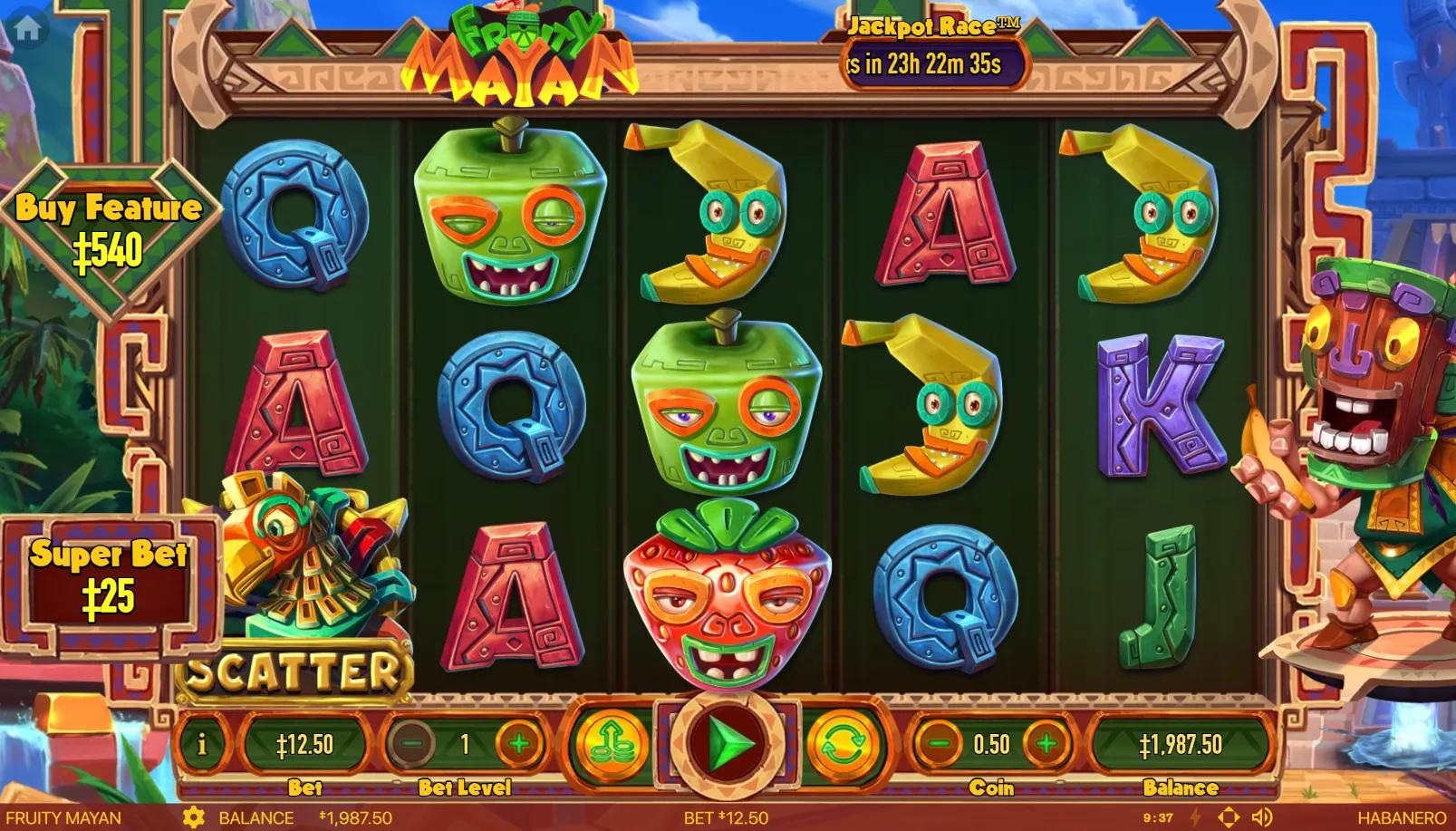 Fruity Mayan slot gameplay showing 5x3 grid with strawberry grape apple banana tiki symbols and scatter on green felt reels framed by Mayan pyramid border