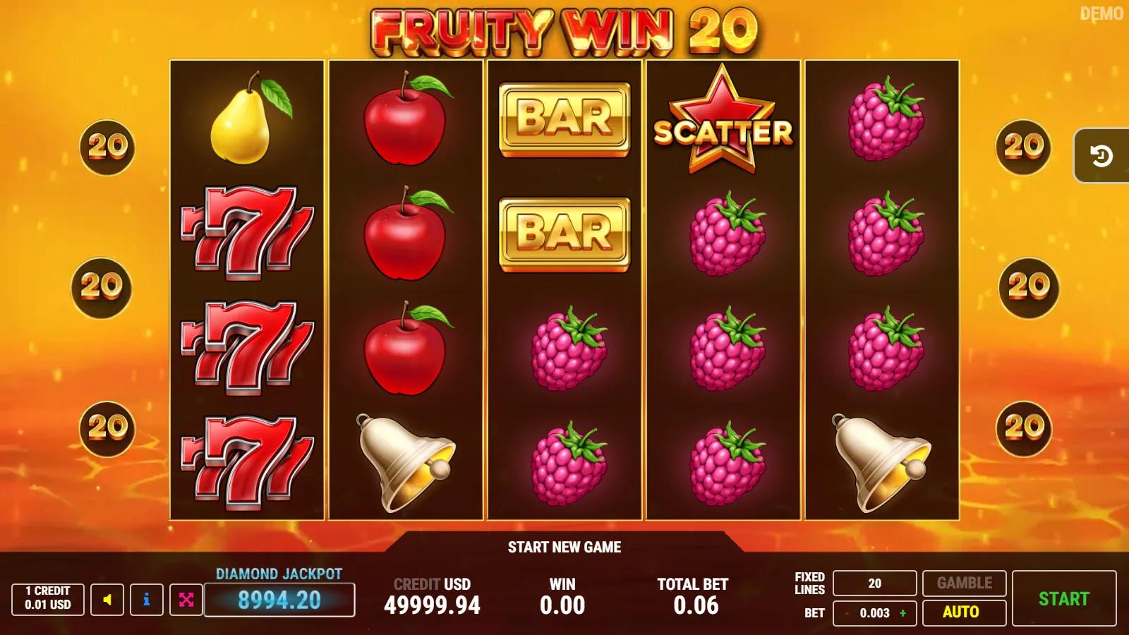 Fruity Win 20 slot gameplay showing 5x4 classic fruit grid with stacked WILD, red 7, BAR, red star scatter and 20 paylines