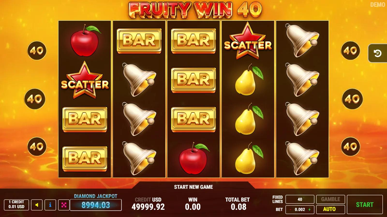 Fruity Win 40 slot gameplay showing 5x4 classic fruit grid with red 7, BAR, apple, red star scatter and 40 paylines