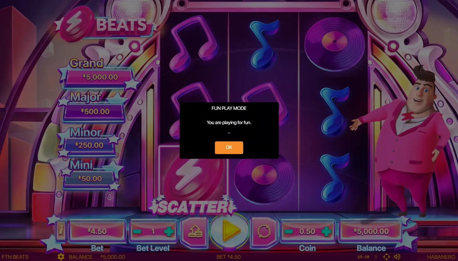 FTN Beats slot gameplay showing 3x3 grid with musical notes and vinyl symbols, 4-tier jackpot ladder on left