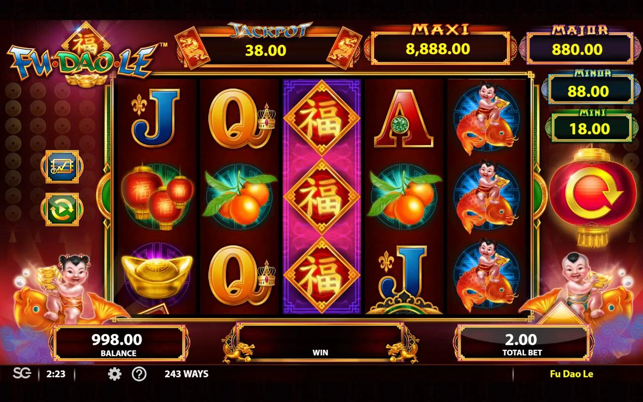 Fu Dao Le slot reels with gold border, red lanterns, jade and ingots over a crimson backdrop with Fu Wa children riding koi.