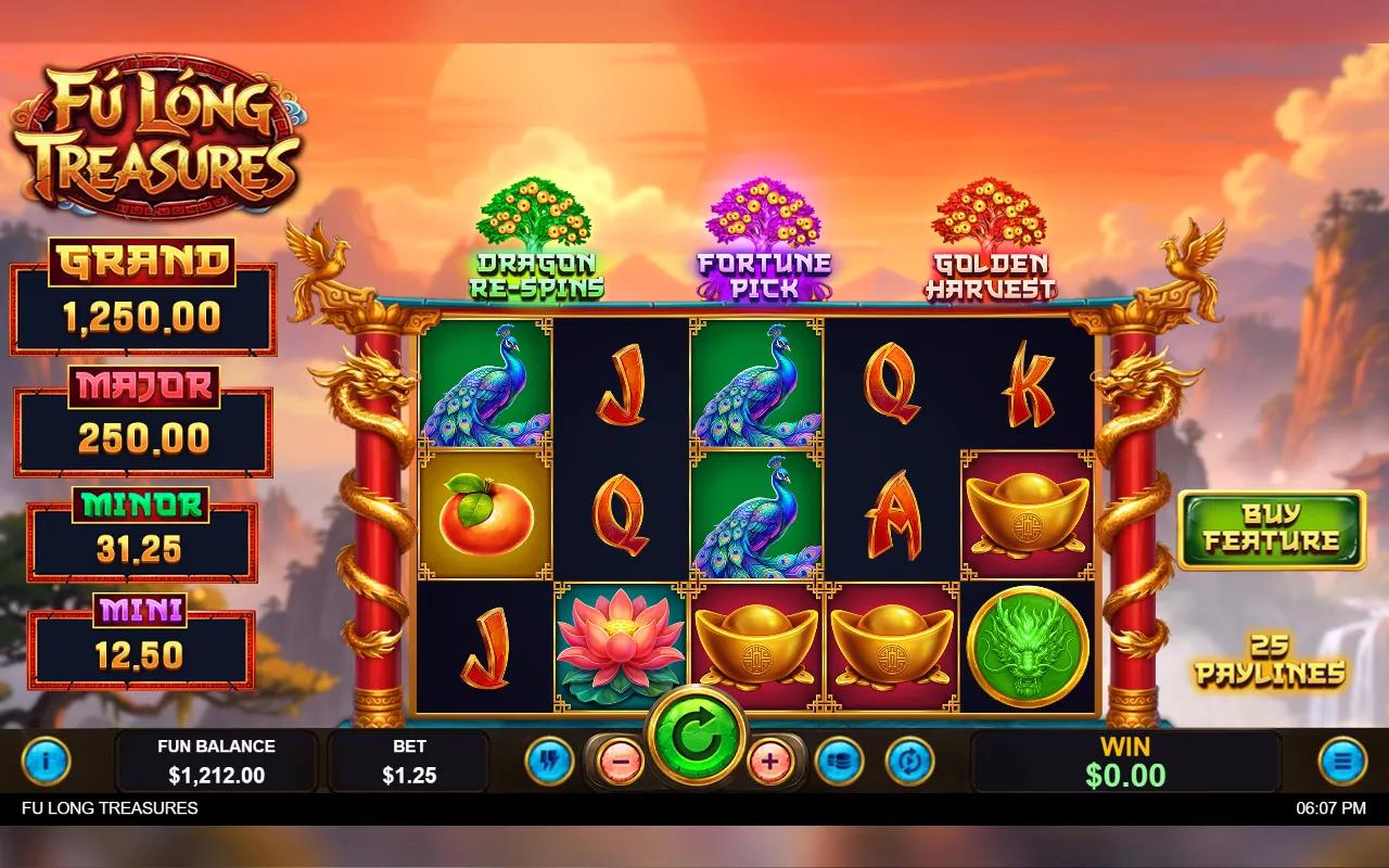 Fu Long Treasures slot 5x3 grid with a green Dragon Re-Spins coin on reel 5 and four jackpot meters led by GRAND 1,250.00