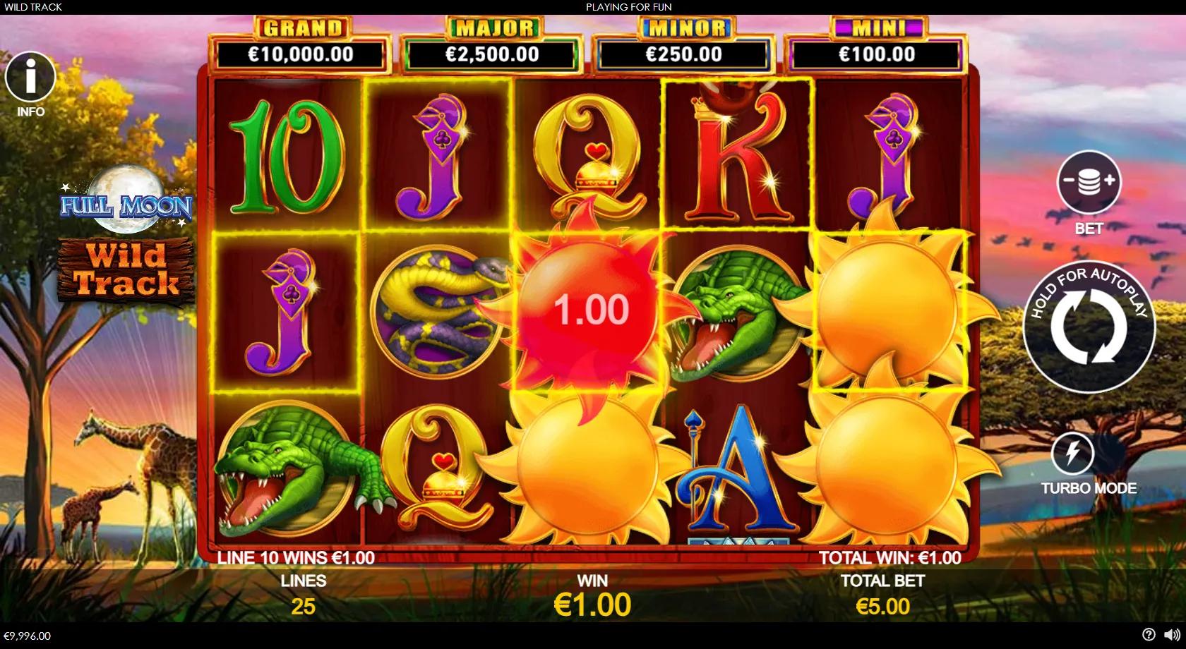 Full Moon Wild Track 5x3 African-safari reels with elephant and crocodile symbols, sun and moon cash symbols and jackpot meters