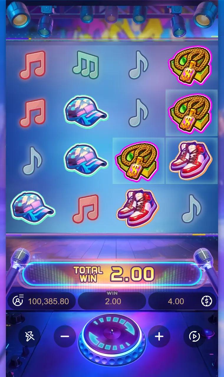 Funky Fortunez 4x4 cluster grid after a win, with three pale marked cells left on the middle and right reels