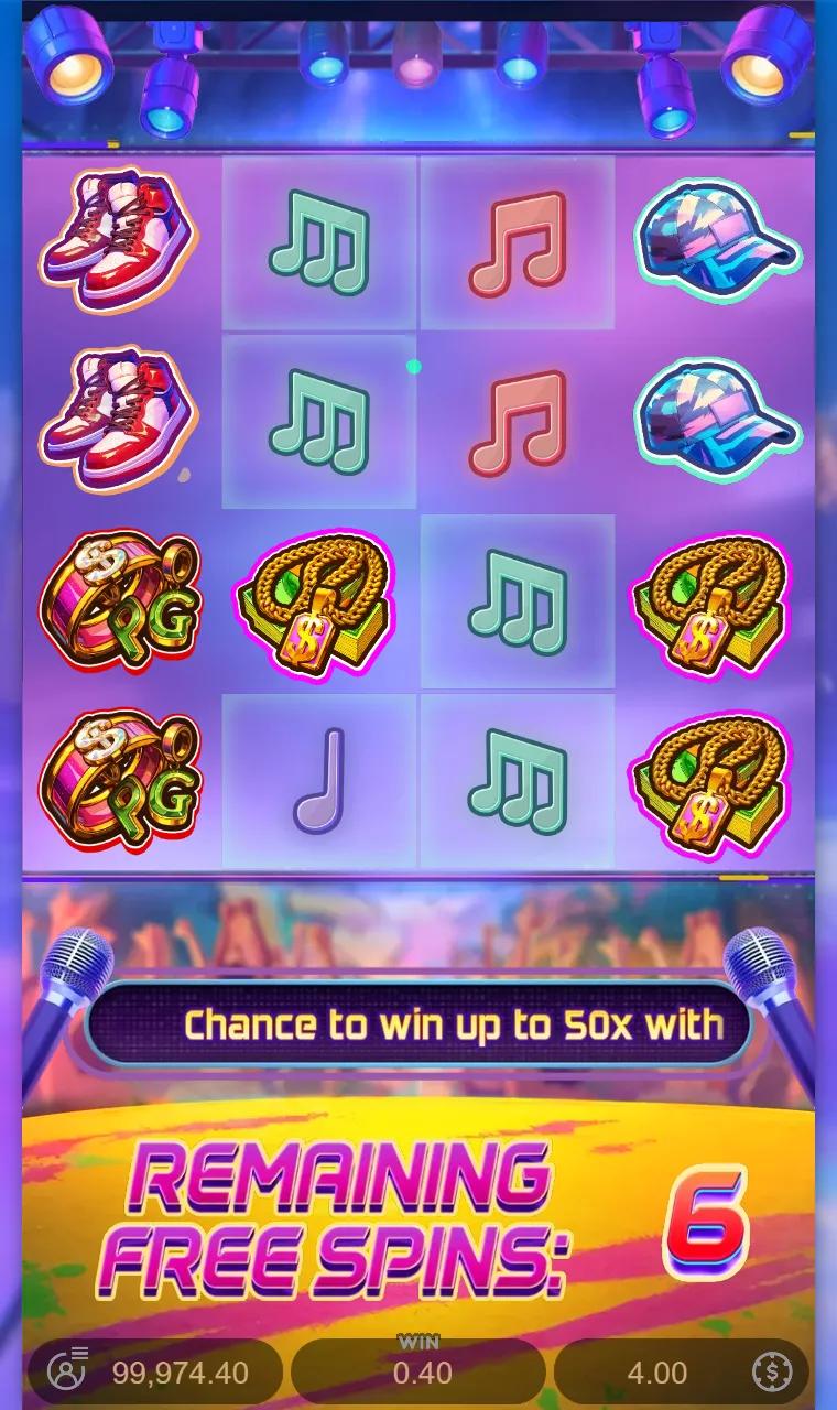 Funky Fortunez free spin with no cluster while marked cells stay held on the middle reels