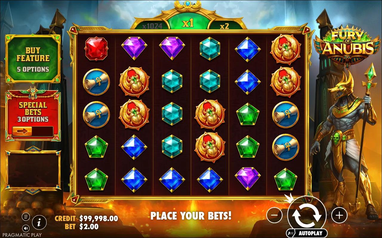 Fury of Anubis slot gameplay showing 6x5 pays-anywhere grid with Egyptian gem and scarab symbols and golden Scatter