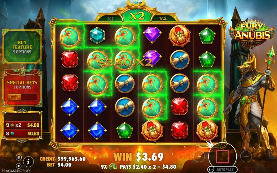 Nine ankh symbols scattered across Fury of Anubis's 6x5 grid, paying 2.40 doubled to 4.80 by the tumble multiplier