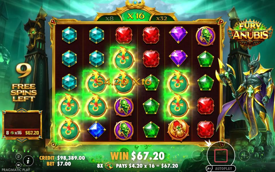 Eight ankhs paying 4.20 multiplied sixteen times to 67.20 during free spins
