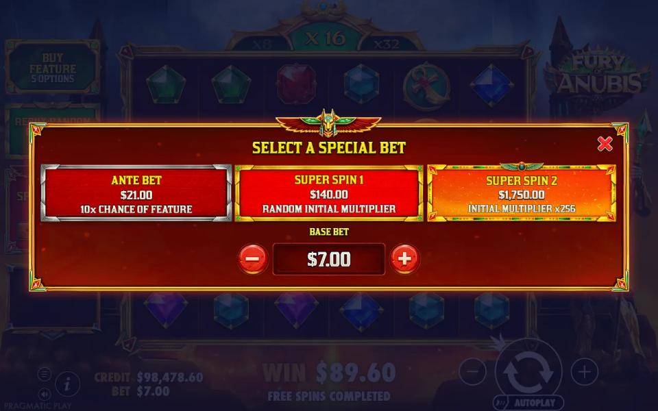 The special bets menu with an ante bet and two super spin modes priced at three, twenty and two hundred and fifty times the bet
