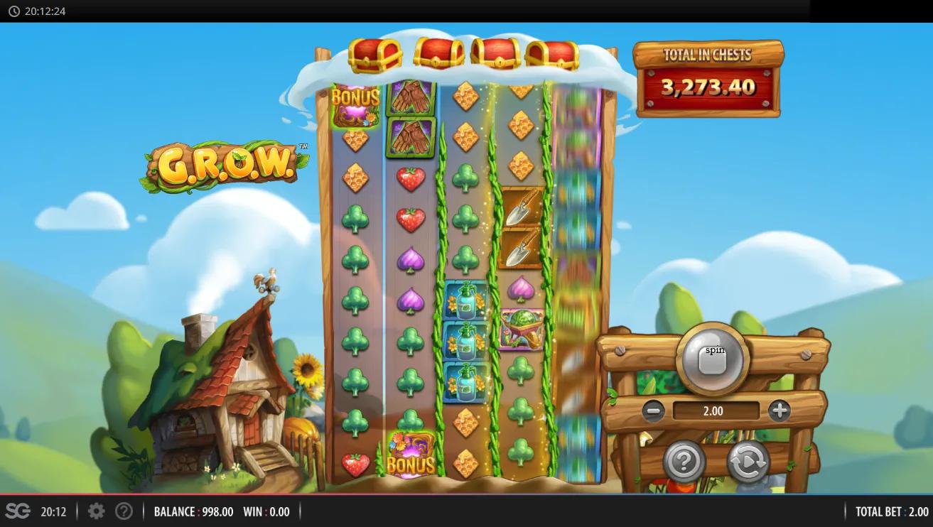 G.R.O.W. gameplay: tall 5-reel beanstalk grid with Total in Chests meter and purple BONUS scatter tile
