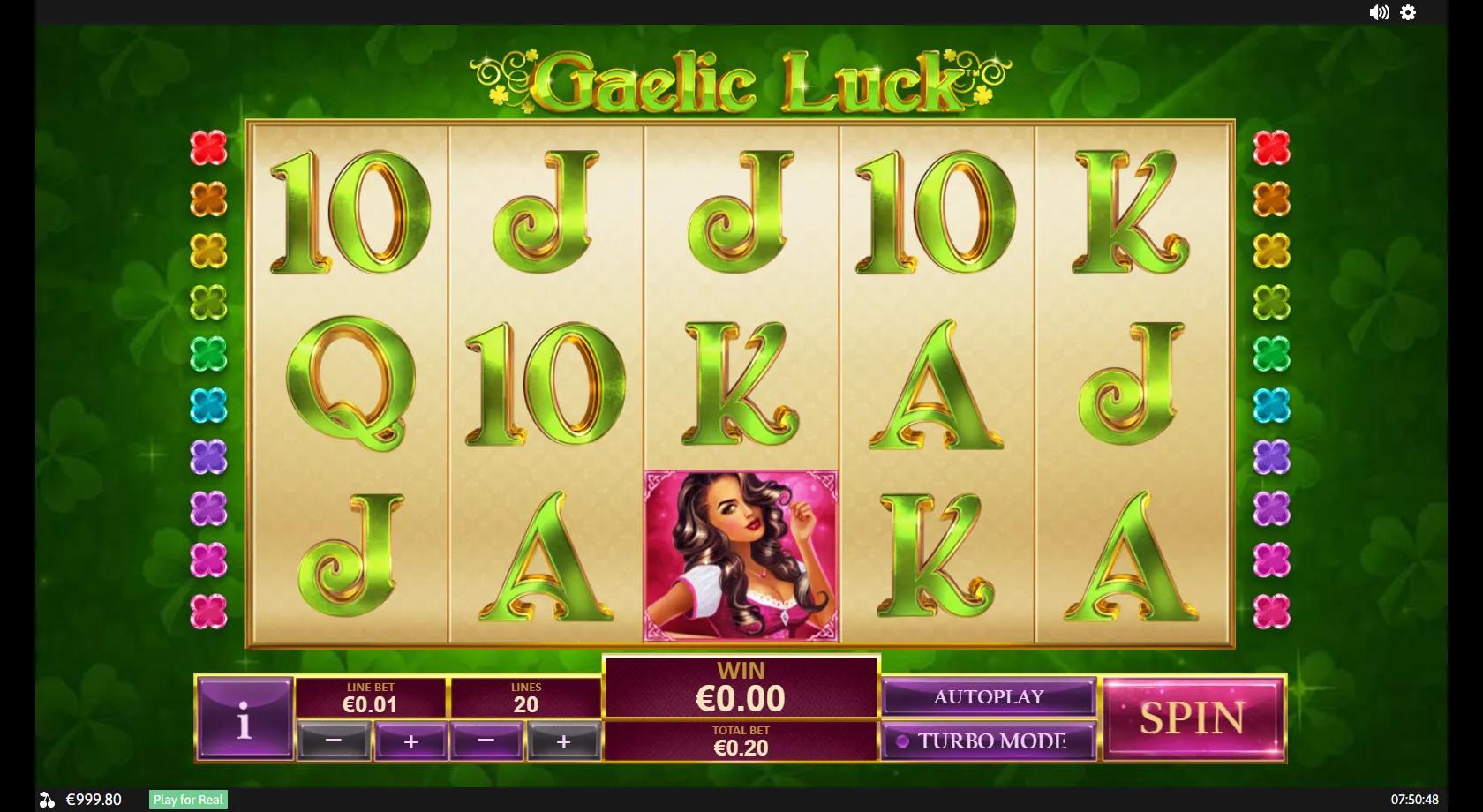 Gaelic Luck 5x3 reels on a green shamrock background with a pot-of-gold wild, clover scatter and three Irish Lucky Lasses