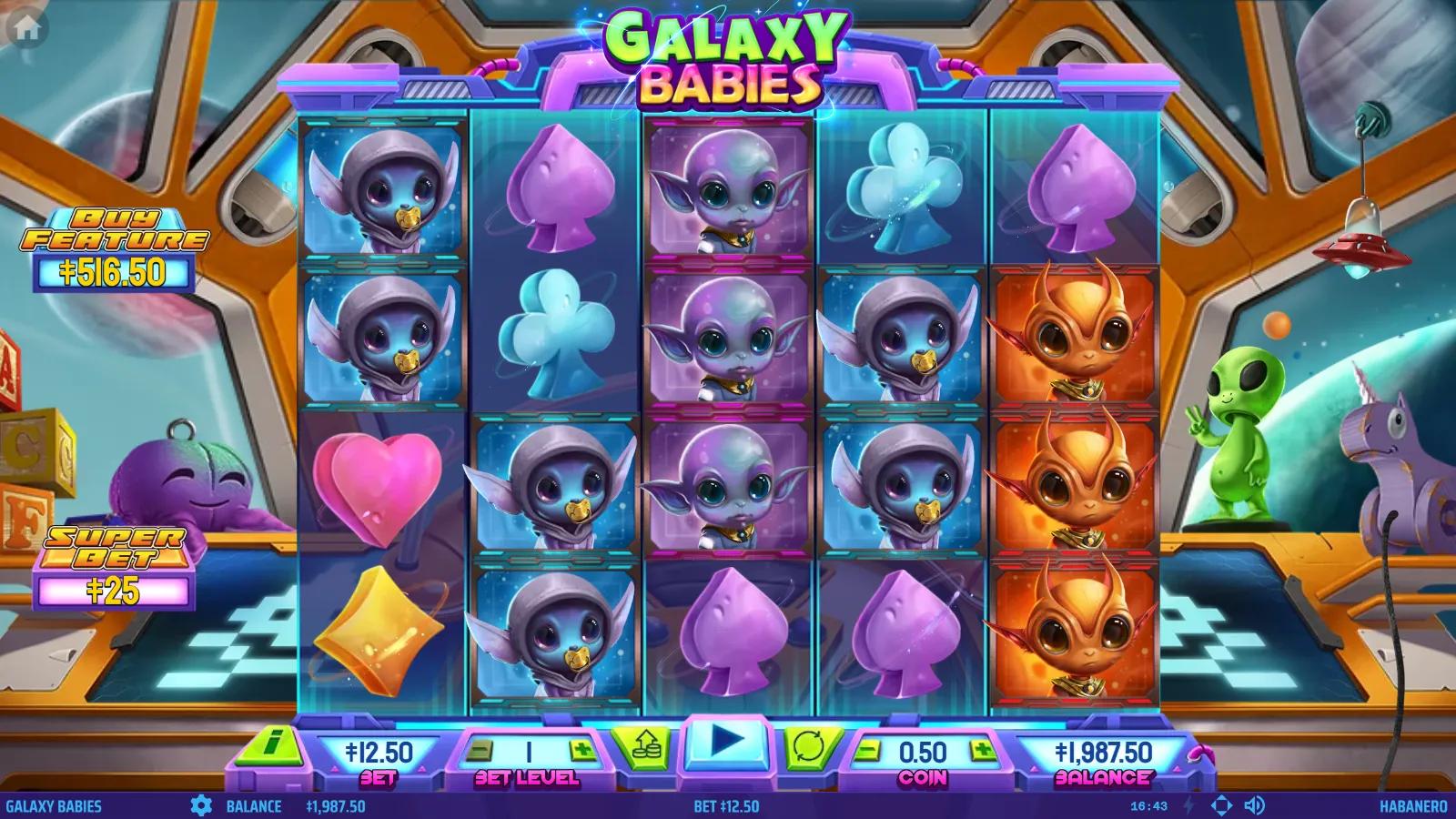 Galaxy Babies slot gameplay showing the 5x4 grid with alien baby premium symbols and a win on the reels