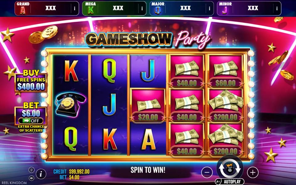 Gameshow Party Jackpot Play 5x3 reels with eight cash money symbols stacked across two reels and no win on the spin