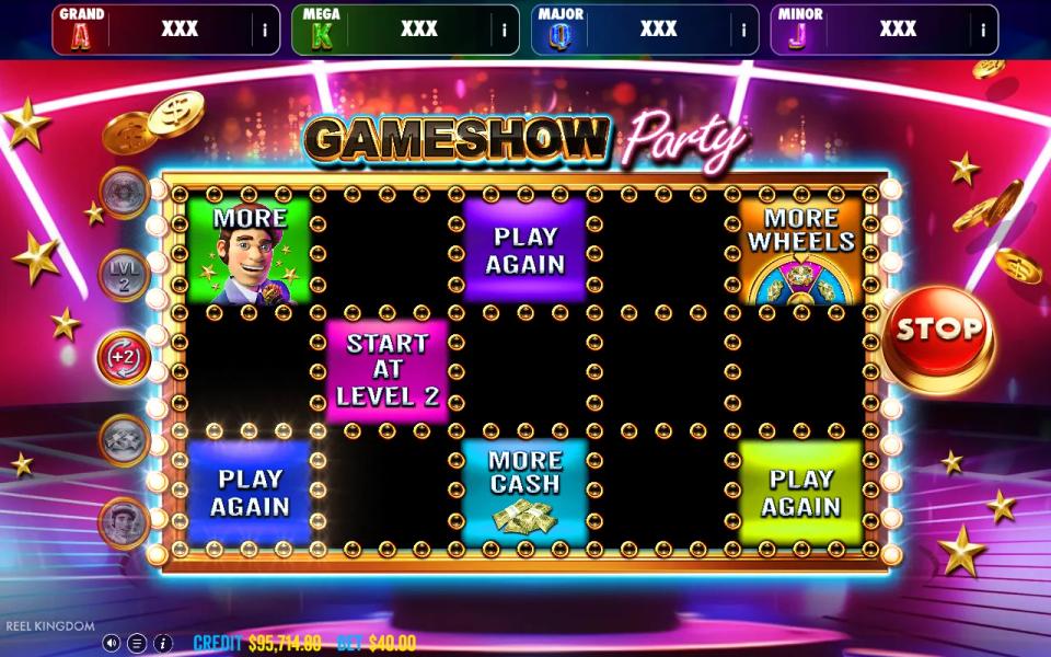 The pre-round gameshow board of modifier panels with a red stop button, standing in place of the reels before the free spins begin