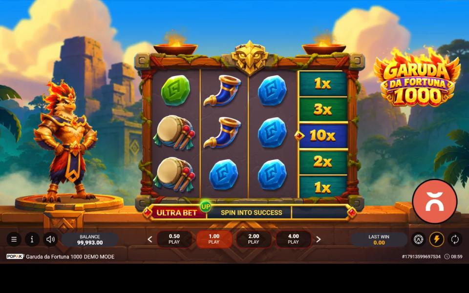 A 10x multiplier in the centre of the side reel next to a board of drums, horns and blue gems that forms no line