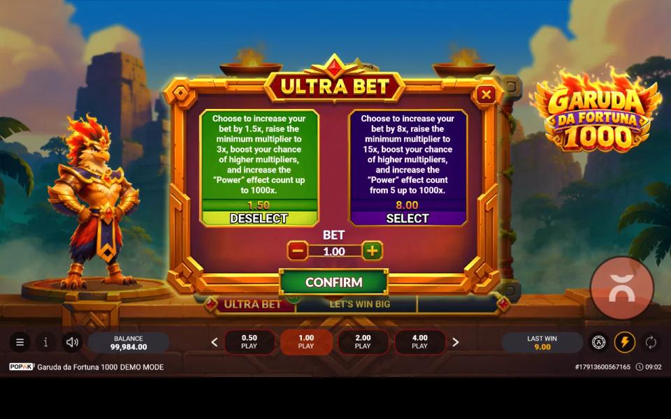 The Ultra Bet menu showing Level 1 at 1.5x the bet and Level 2 at 8x the bet, each raising the minimum multiplier