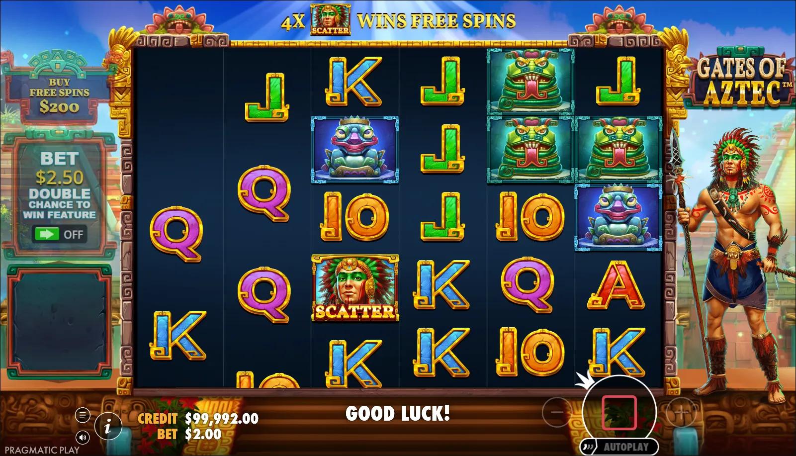 Gates of Aztec reels showing Adventure symbols and Ante Bet