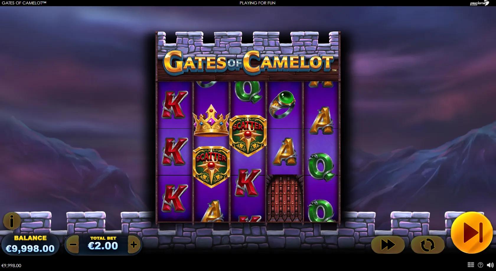 Gates of Camelot slot gameplay showing a medieval Camelot castle with iron portcullis gates fronting the reels, an armoured knight wild and Arthurian treasure symbols