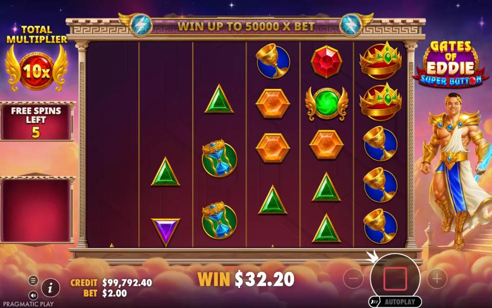 Free spins 6x5 grid with a green multiplier orb on the board and the Total Multiplier meter reading 10x