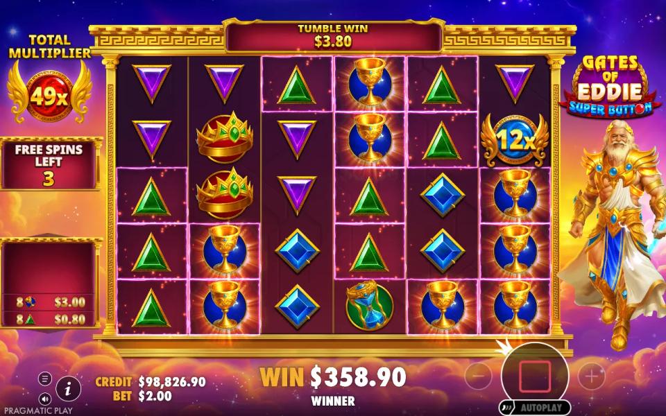 Super Free Spins 6x5 grid in a gold frame with a 12x multiplier orb landing and the Total Multiplier meter at 49x