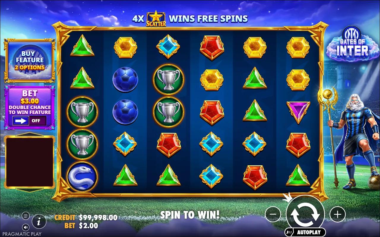 Gates of Inter slot 6x5 pay-anywhere grid with Inter Milan crest and biscione symbols and Zeus in the club kit