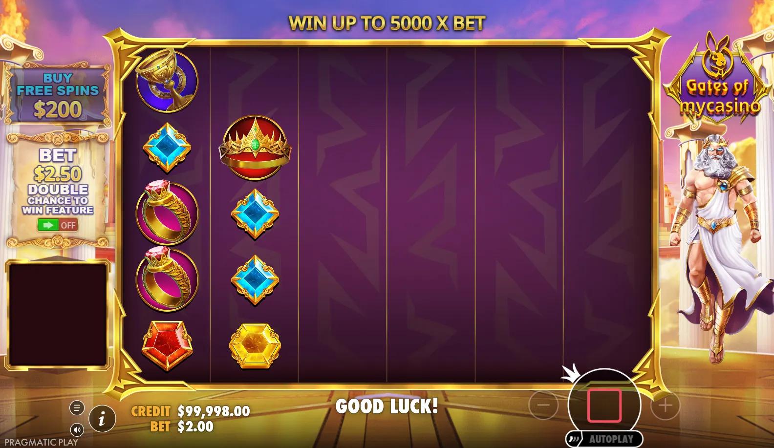 Gates of mycasino reels showing Greek symbols and Ante Bet