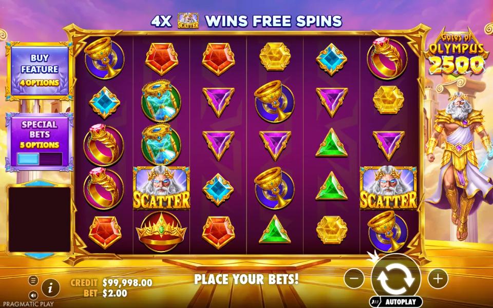 Gates of Olympus 2500 base game board with two Zeus scatter symbols, two short of triggering free spins