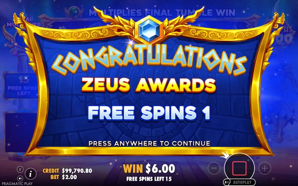 Gates of Olympus 2500 award card announcing Zeus awards Free Spins 1 before the bonus round starts