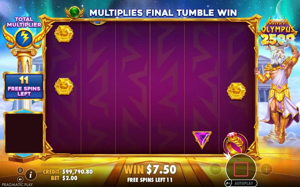 Gates of Olympus 2500 free spins board with the total multiplier pillar still empty late in the round