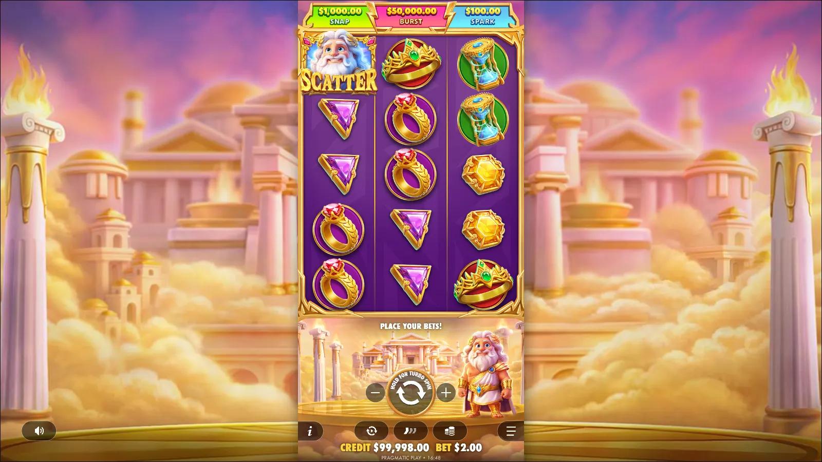 Gates of Olympus POP slot gameplay showing the 3x5 pay-anywhere grid with Zeus Scatter and gem symbols under SNAP/BURST/SPARK jackpots