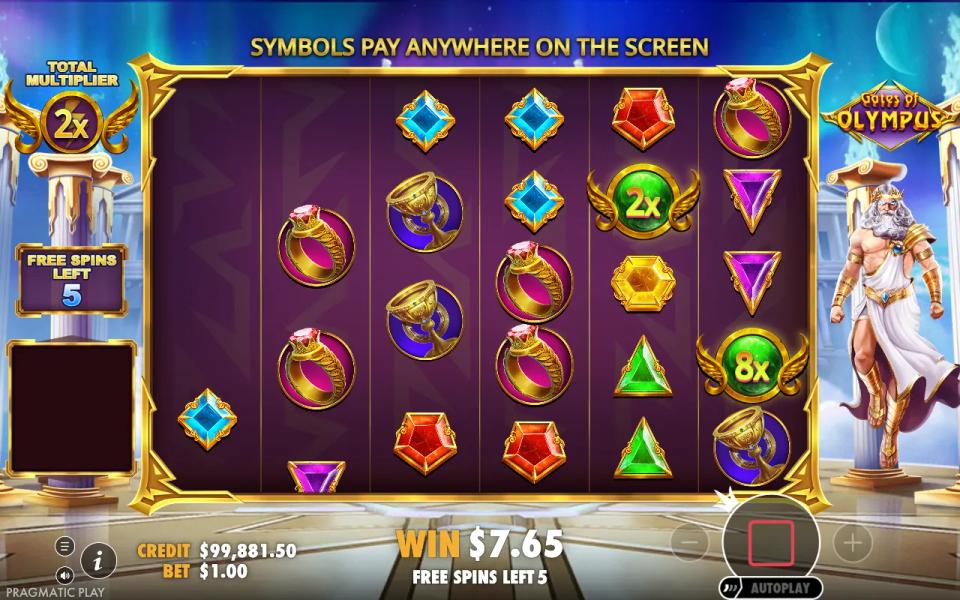 A 2x and an 8x multiplier orb on the right-hand reels of Gates of Olympus after a free spin with no win, the total multiplier still at 2x
