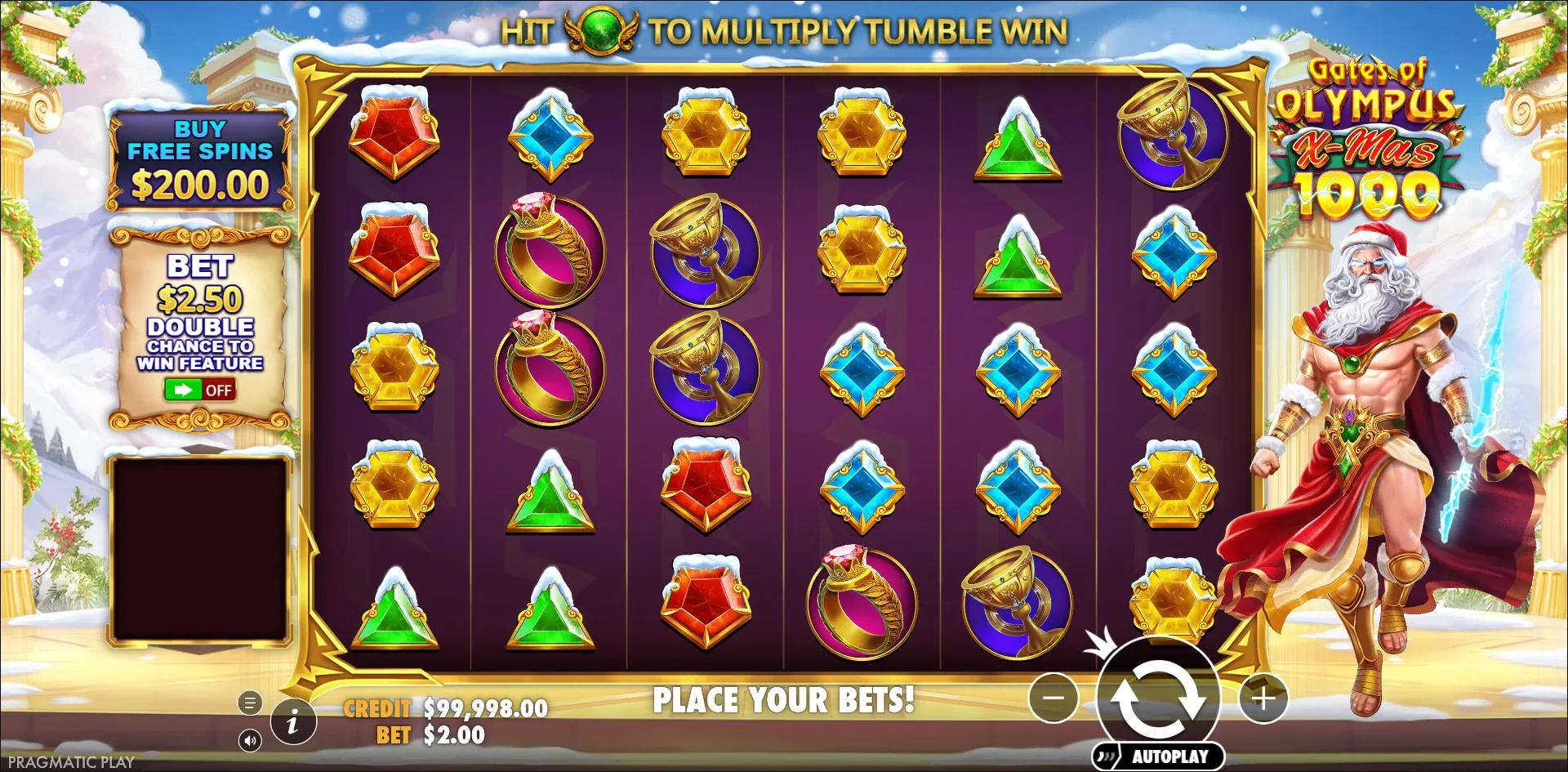 Gates of Olympus Xmas 1000 by Pragmatic Play with Ante Bet on Christmas-themed reels