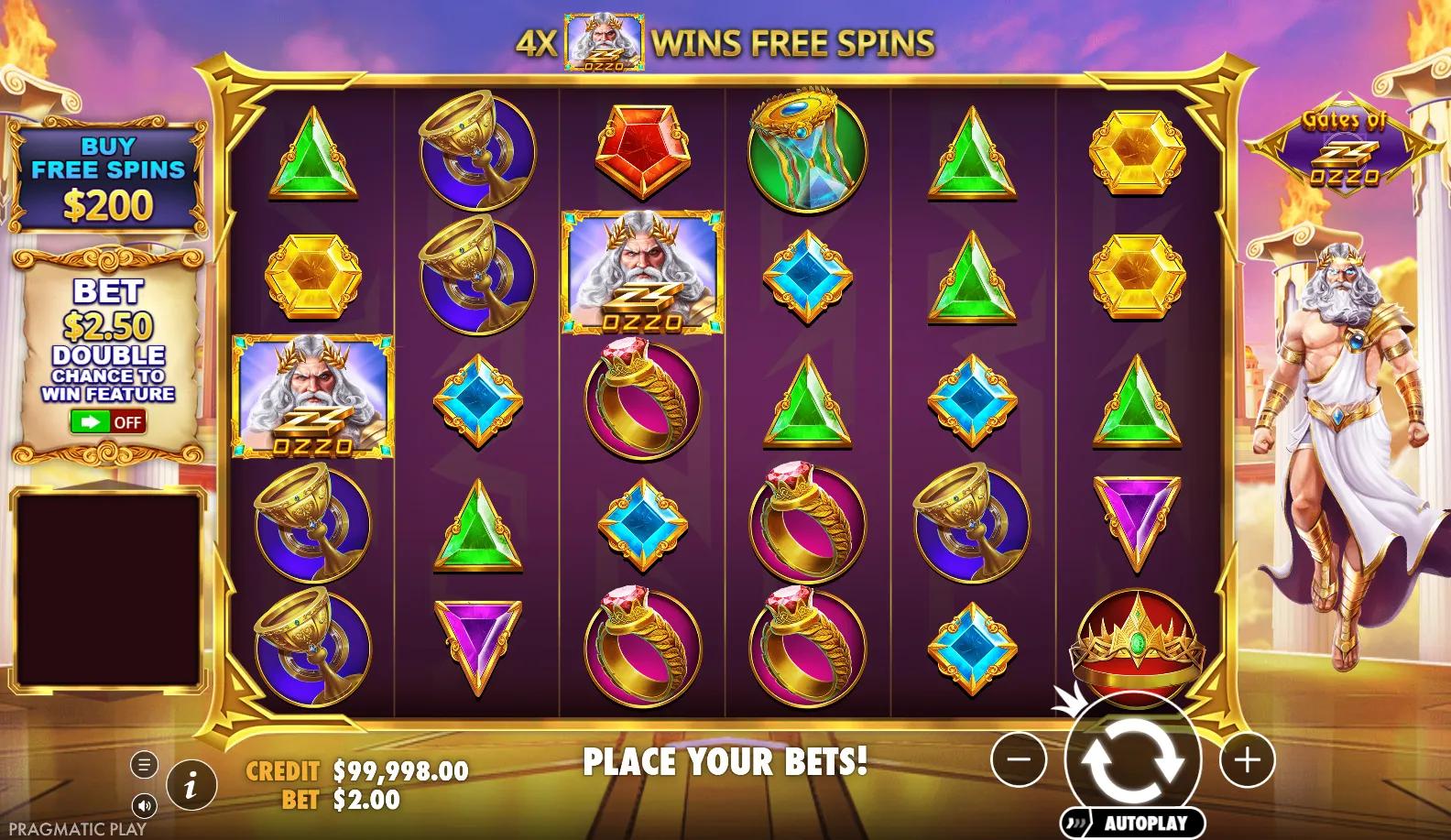 Gates of Ozzo by Pragmatic Play with Ante Bet on Greek-themed reels