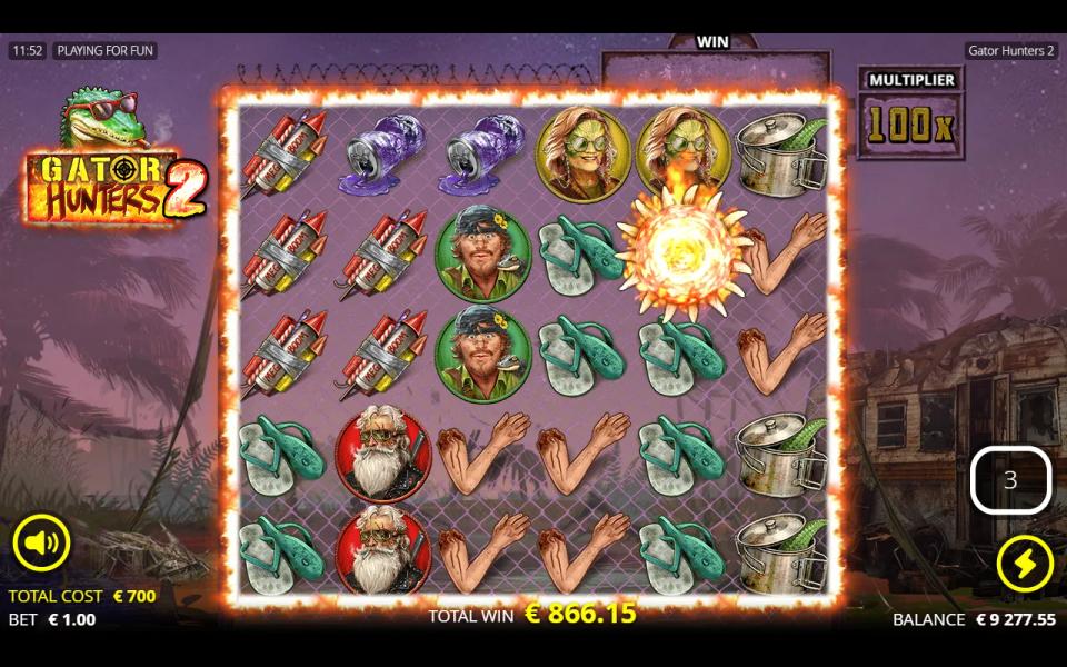 Fire Gatornado Spins with the Fire Zone covering the whole board and the multiplier box reading 100x over a board with no winning cluster