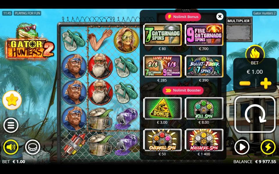 Gator Hunters 2 buy menu showing the four Nolimit Bonus buys and the four Nolimit Booster single spins with their prices
