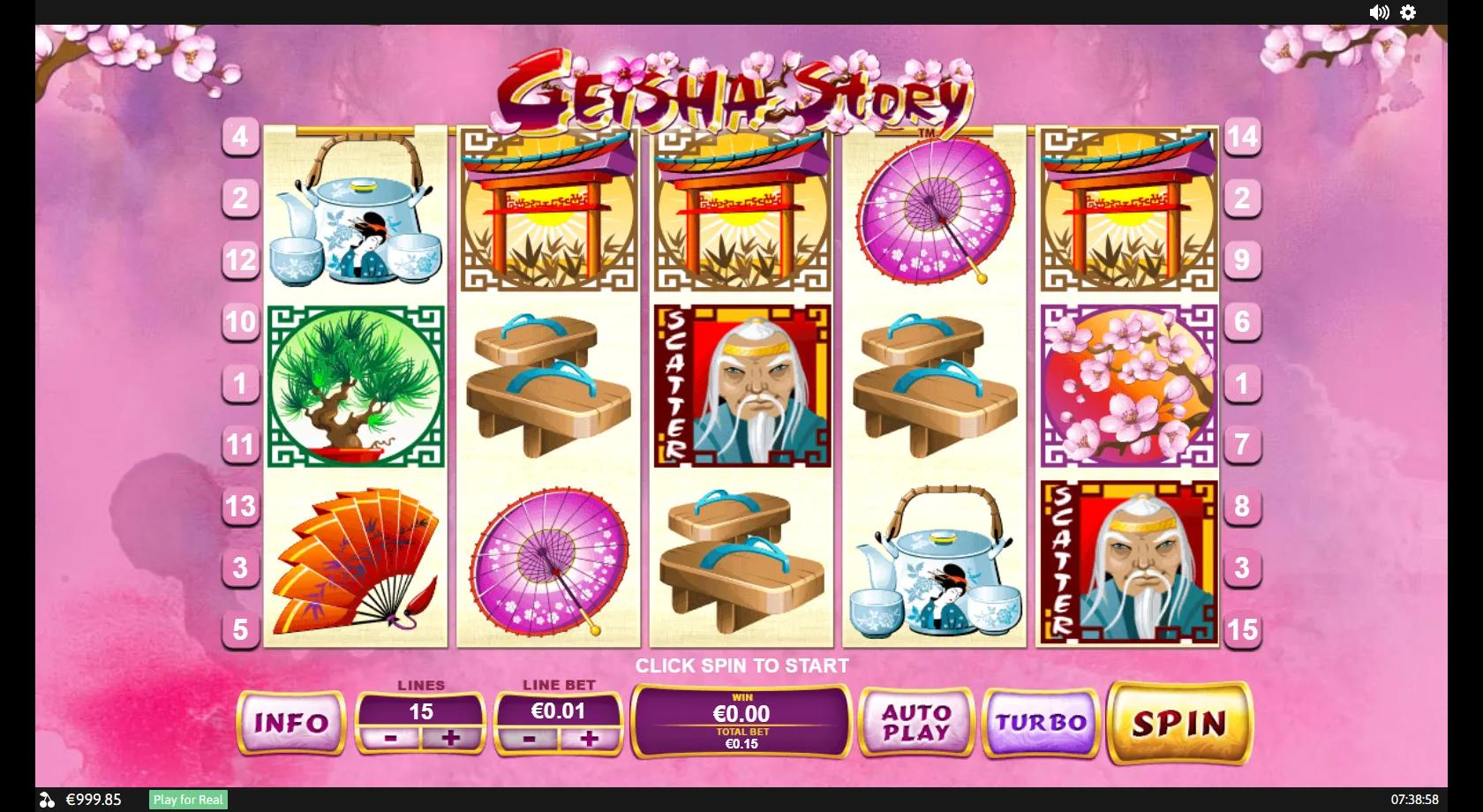 Geisha Story 5x3 reels on a pink cherry-blossom background with koi, bonsai and torii gate symbols plus a samurai wild