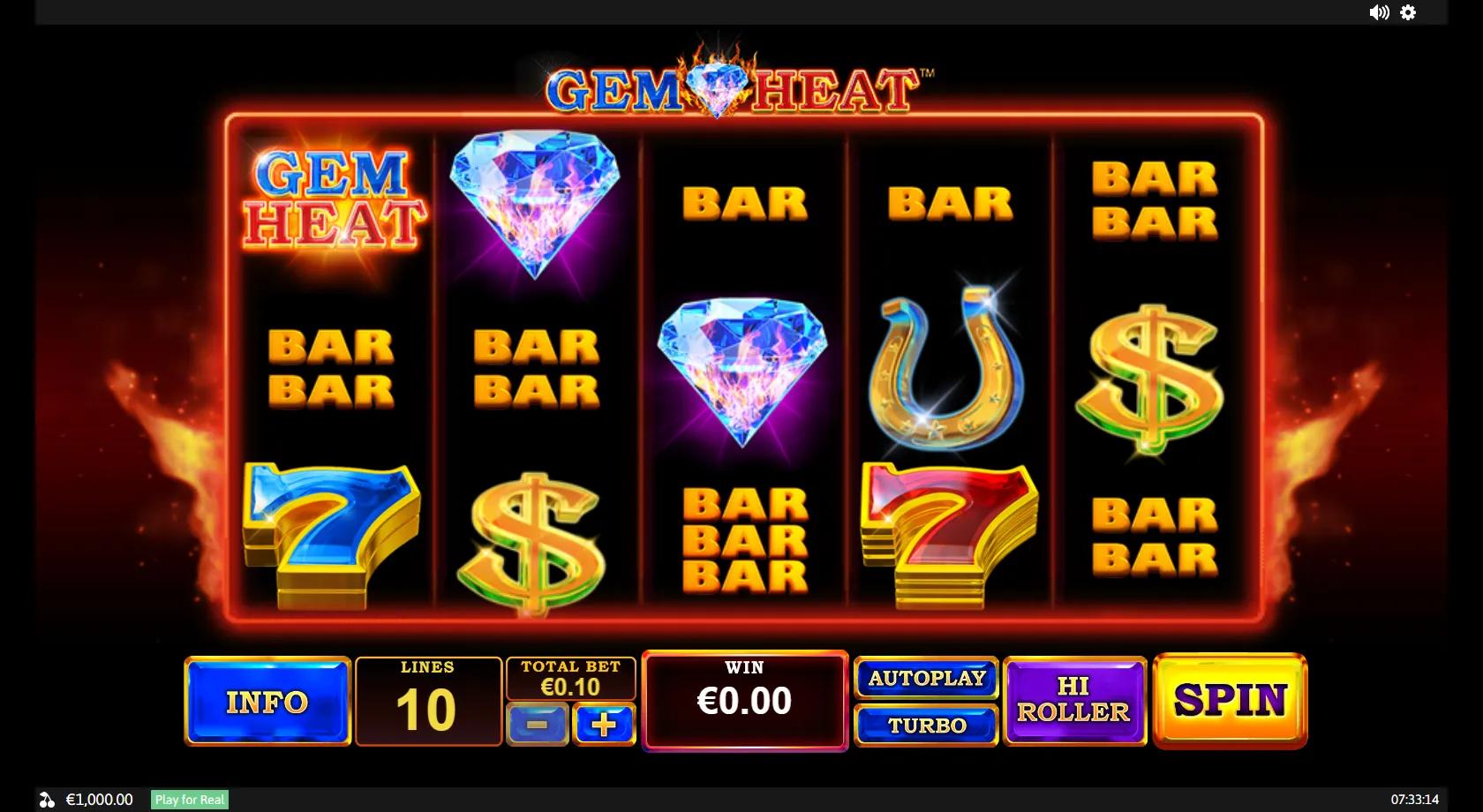 Gem Heat 5x3 flaming reels with stacked red, green and blue 7s, gold bars and horseshoe symbols