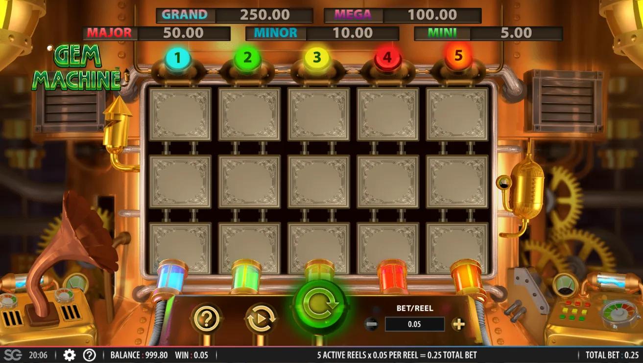Gem Machine 5x3 steampunk reel grid with brass reel-activation buttons and five-tier GRAND to MINI jackpot ladder