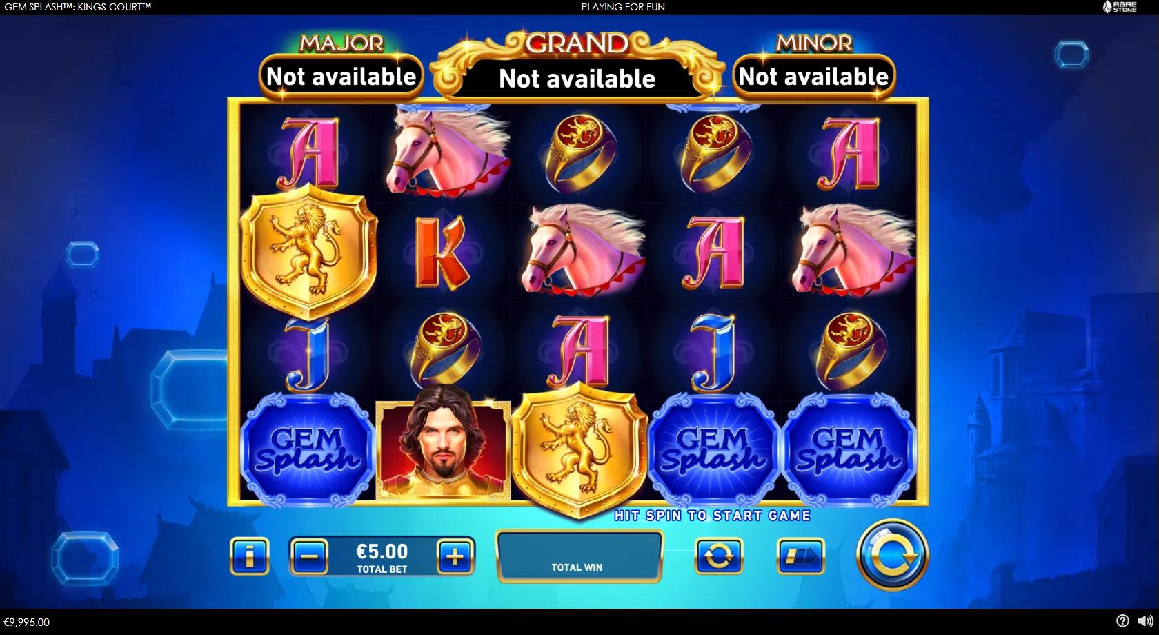 Gem Splash King's Court gameplay showing a 5x4 medieval reel set with a king wild, a lion shield, a crown and gem symbols
