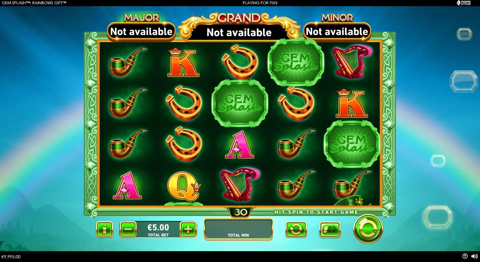 Gem Splash Rainbow's Gift gameplay showing a 5x4 Irish leprechaun reel set with a harp, horseshoe, pot of gold and gem symbols