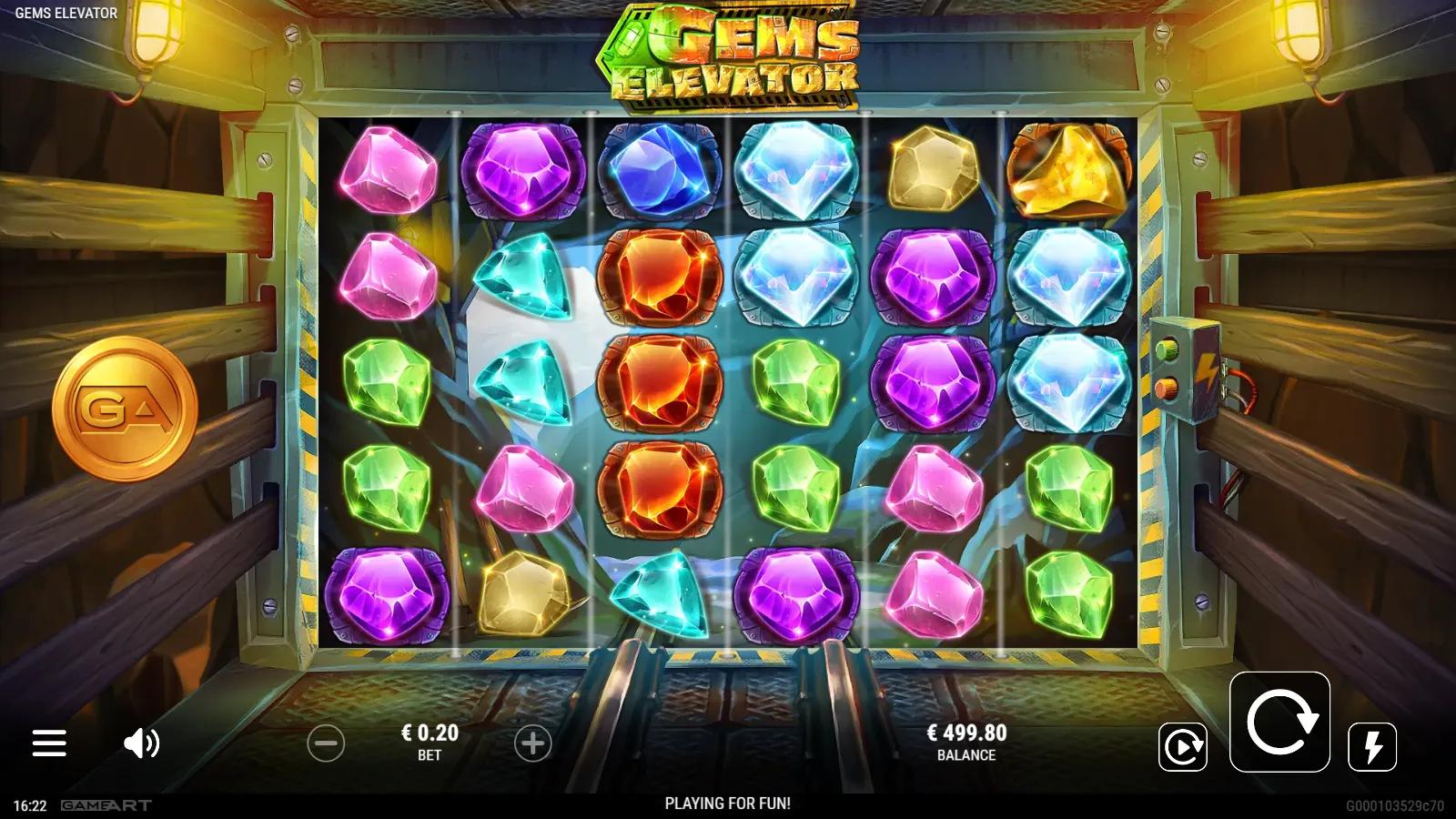 Gems Elevator slot gameplay showing 6x5 gem cluster grid inside an industrial mine-shaft elevator