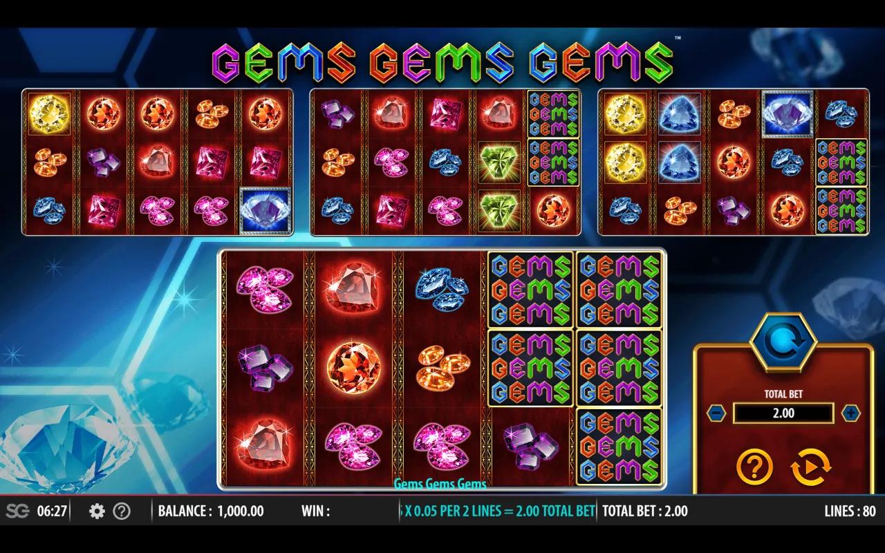 Gems Gems Gems main 5x3 reel grid with jewel-tone gem symbols and three smaller mini reel sets below on dark navy.