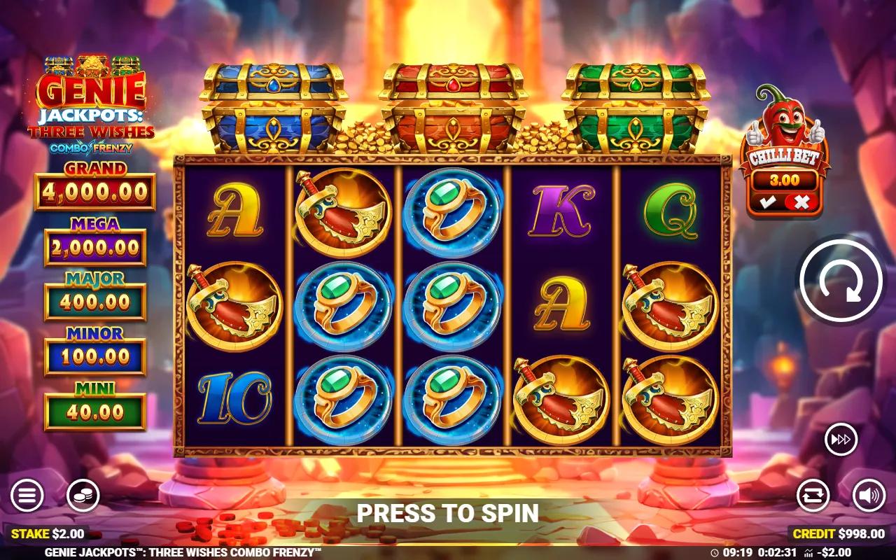 Genie Jackpots Three Wishes Combo Frenzy slot 5x3 reels with a 2-way ring win under the blue, red and green genie chests