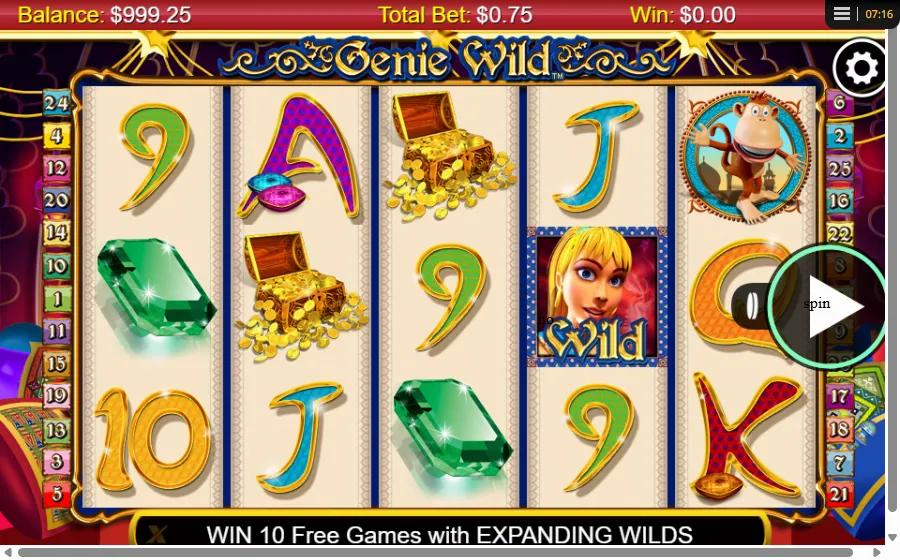Genie Wild slot gameplay showing 5x3 grid with the blonde Genie Wild symbol and treasure chest reels