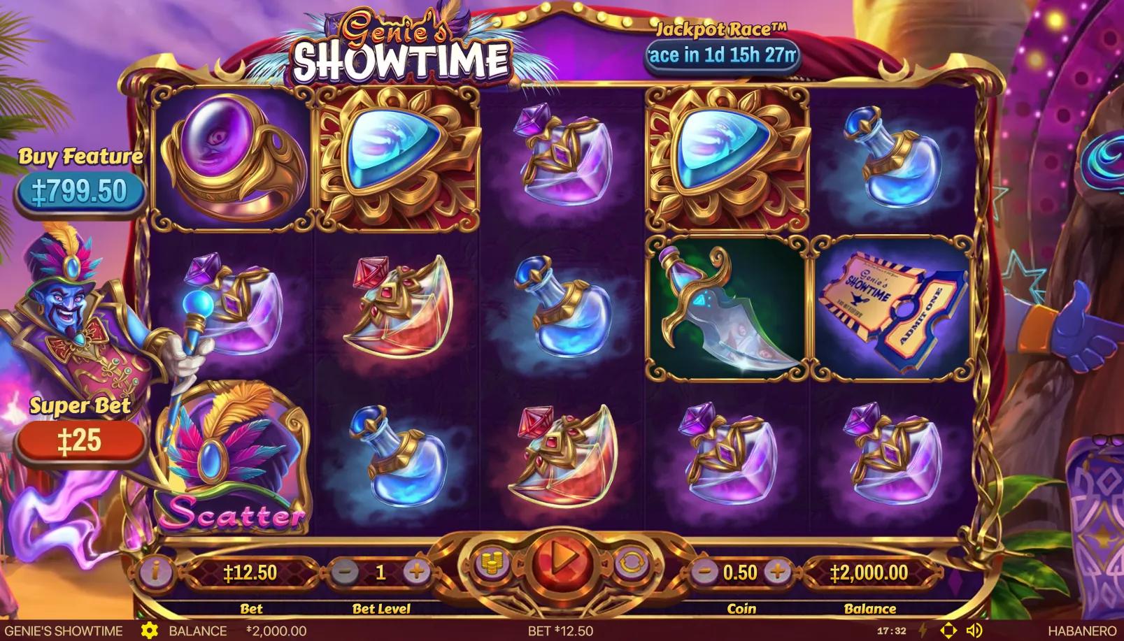 Genies Showtime slot gameplay showing 5x3 grid with magic lamp, scroll, and gemstone chalices in Arabian theater setting