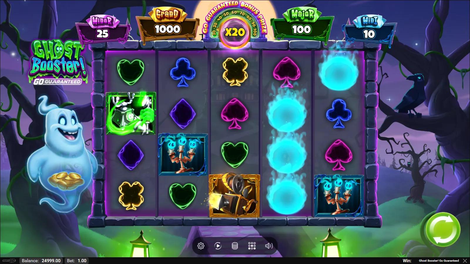 Ghost Booster GO Guaranteed slot gameplay showing 5x3 haunted grid with gold Coin symbols and Wispy the Ghost
