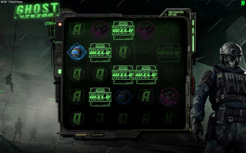Ghost Vision 5x5 board mid-SwitchSpins in Operation Black Rain, six green Wild cells scattered across the reels among card ranks and goggles symbols